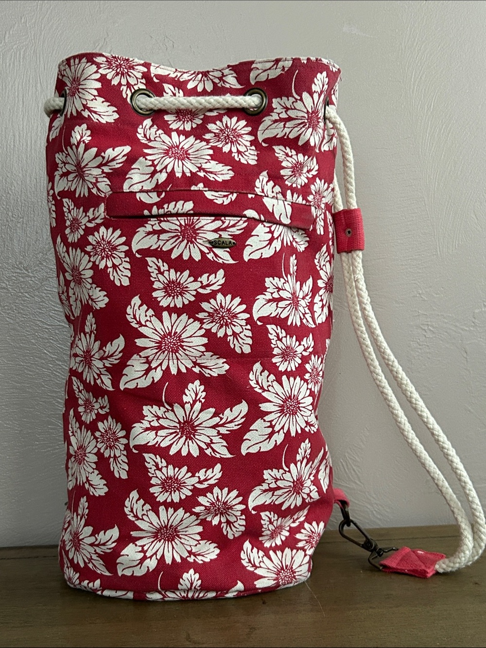 Scala Red Floral Drawstring Bucket Bag Features Sturdy Canvas & White Rope